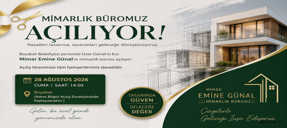 BOYABAT'TA MİMAR EMİNE GÜNAL MİMARLIK BÜROSU AÇILIYOR! DAVETLİSİNİZ...