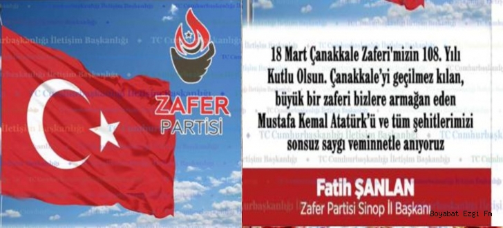 Zafer Partisi Sinop İl Başkanı Fatih Şanlan'ın 18 Mart Çanakkale Zaferi Mesajı